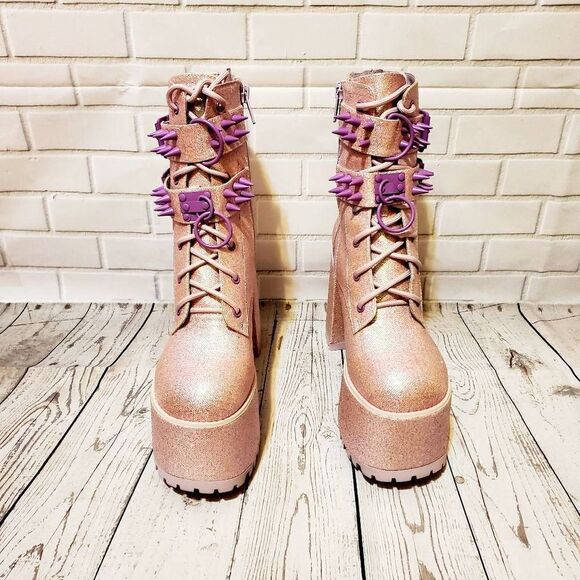 Sugar Thrillz Emo, Rave, Sexy Pink Glitter, Lavender Spiked Platform Boots Size7 - Picture 1 of 4